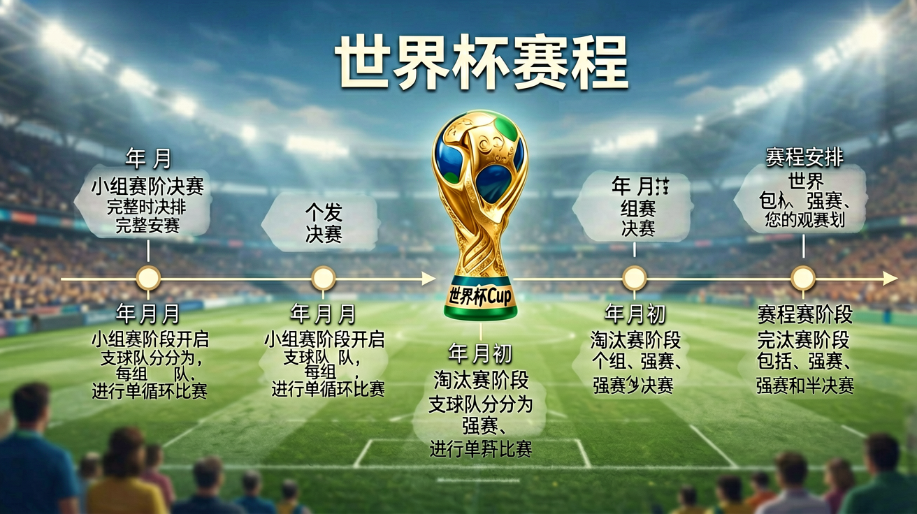2026世界杯赛程时间轴示意图，展示从小组赛到决赛的完整时间安排